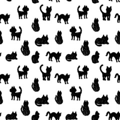 Seamless pattern Black cats silhouettes white background