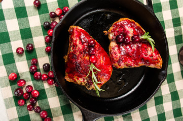 Overhead of chicken breasts in skillet
