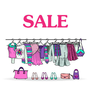 Vector sketch with sale of women's clothing and accessories