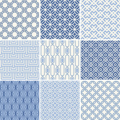 Seamless oriental geometric patterns set in blue