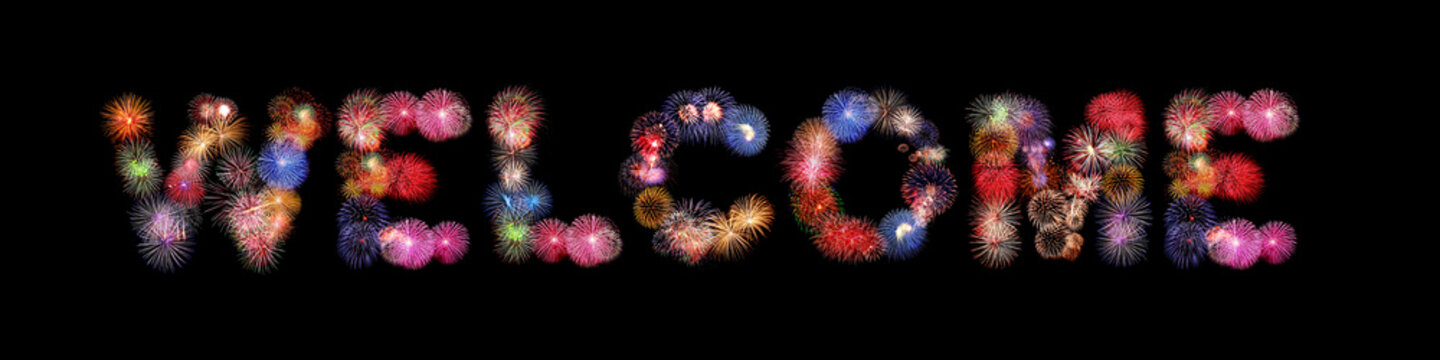 Welcome word text colorful fireworks
