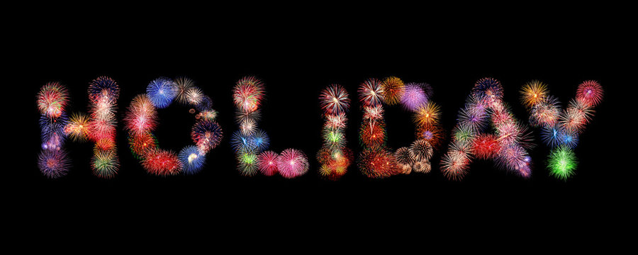 Holiday word text colorful fireworks