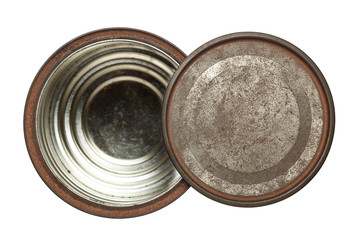 Rusty opened round tin box with lid isolated
