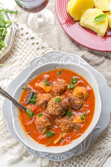 Meatballs albondigas in tomato sauce with mushrooms