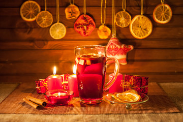 mulled wine and Christmas decorations, candles, gifts