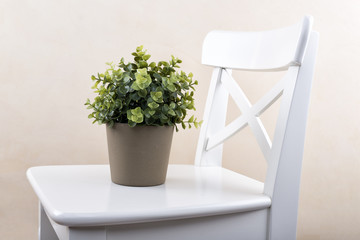 A vase on a white chair