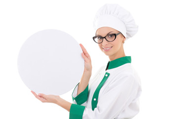 young chef woman in uniform holding big  tray with copy space is