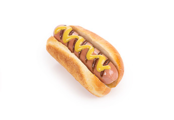 Tasty grilled hotdog with mustard.