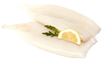 Squids decorated with sliced lemon isolated