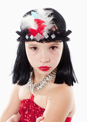 Naklejka premium Little Girl in Wig and Red Dress in 1930ties Style
