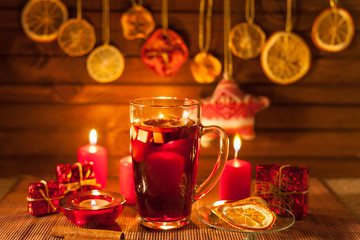 mulled wine and Christmas decorations, candles, gifts