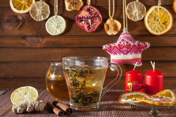 ginger tea with spices, honey, cinnamon, lemon and dried fruit