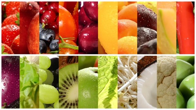 close up of diverse fruits and vegetables, montage