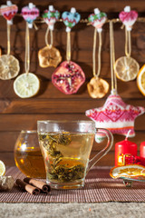 ginger tea with spices, honey, cinnamon, lemon and dried fruit
