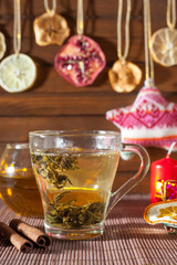 ginger tea with spices, honey, cinnamon, lemon and dried fruit