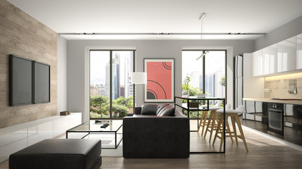 Modern interior with parquet floor and black sofa 3D rendering