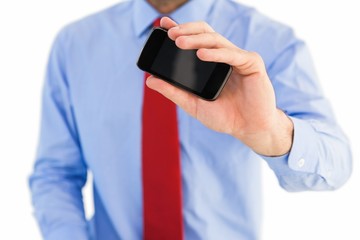 Hand of businessman showing smartphone