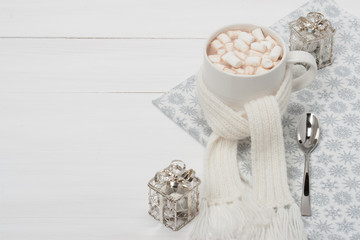 Mug Of Hot Chocolate With Scarf. Marshmallows. Christmas Decorat