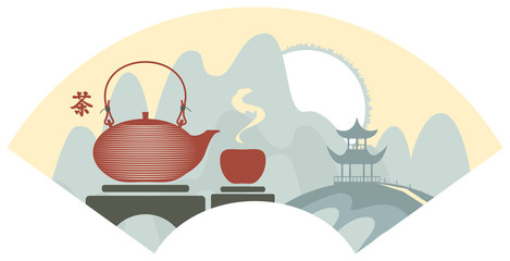 Mountain Chinese landscape with pagoda and teapot and cup