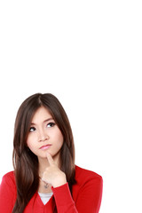 Fototapeta premium girl looking up to blank space.