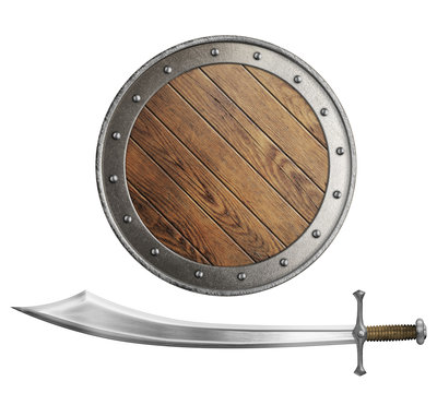 Medieval Wooden Shield And Sword Or Saber Isolated