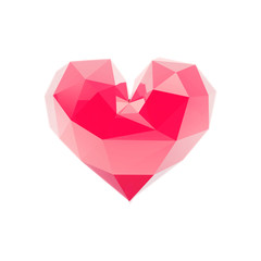 Triangulated pink 3d glossy heart shape, isolated