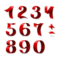 Set of isolated red ribbon numbers on white background
