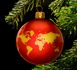 Red bauble with the golden shape of the world