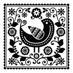 Folk art black pattern with bird and flowers