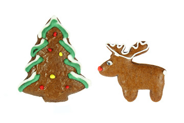 christmas gingerbread- christmas tree and reindeer on white