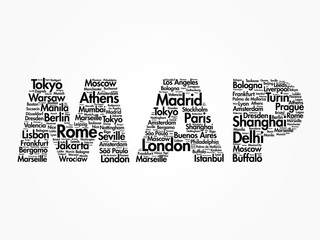 MAP travel concept made with words cities names, vector collage
