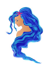 Portrait of a mermaid with long blue hair