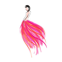 Fashion sketch illustration, girl wear long skirt