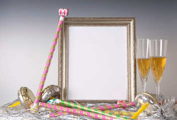 Empty Silver Frame for New Year's Eve with Champagne