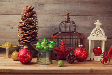 Christmas decorations and ornaments on wooden table
