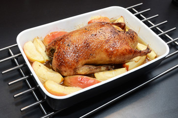 Roasted duck, stuffed with apples.