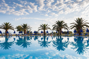 Palm trees, beach sunbeds and umbrellas near the pool by the sea