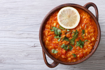 vegetable soup with red lentils horizontal view from above