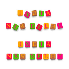 Words "india", "new delhi" with colorful blocks