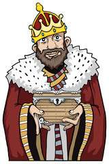 Sweet, smiling king character, with a treasure box in his hands