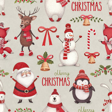 Watercolor christmas illustrations. Seamless pattern