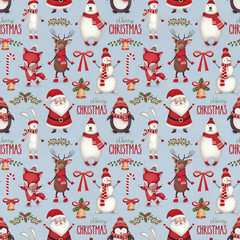 Watercolor christmas illustrations. Seamless pattern