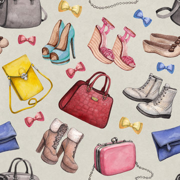 Watercolor handbag and shoes illustrations. Seamless pattern