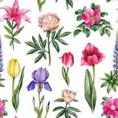 Watercolor flowers illustration. Seamless pattern