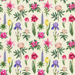 Watercolor flowers illustration. Seamless pattern