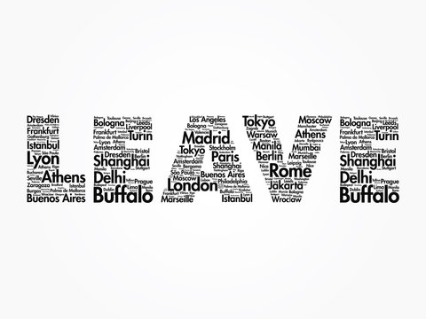 LEAVE text relocation concept made with words cities names