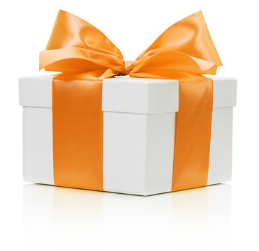 White Gift Box With Orange Bow Isolated On The White Background