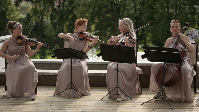 Musical quartet. Three violinists and cellist playing music.
