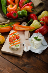 Healthy baguette, spread curd cheese with vegetable and herbs