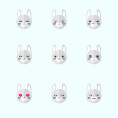 Vector minimalistic flat bunny emotions icon set